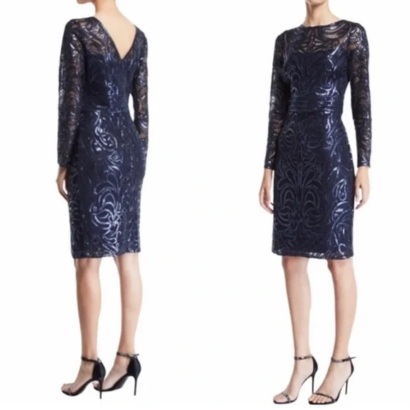Tadashi Shoji Sequins Swirl Fitted Lace Long-Sleeve Cocktail Dress Size 2 EUC - Picture 2 of 16